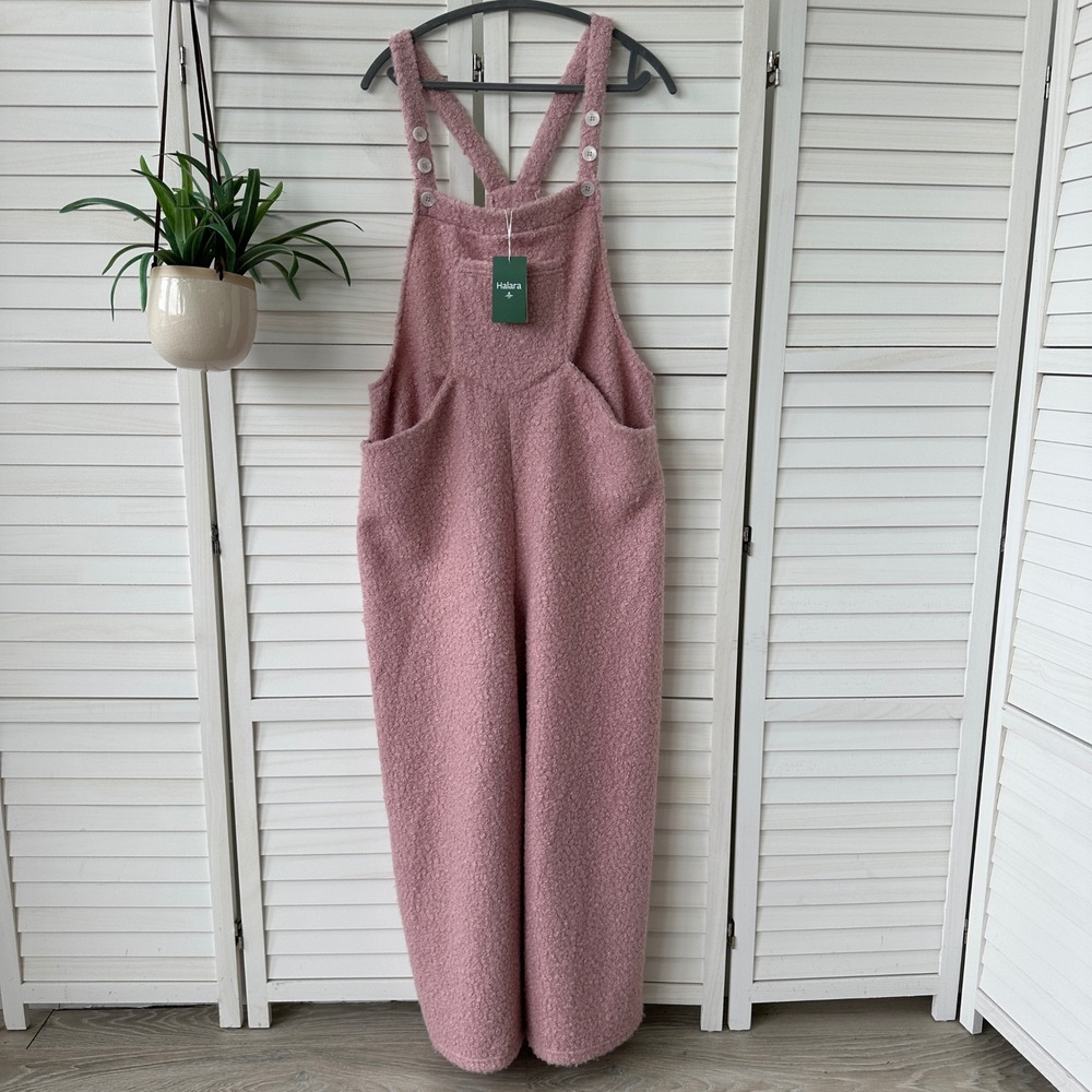 New Halara Pink Teddy Fleece Loose Fit Overalls Pockets Casual Pants Size XL